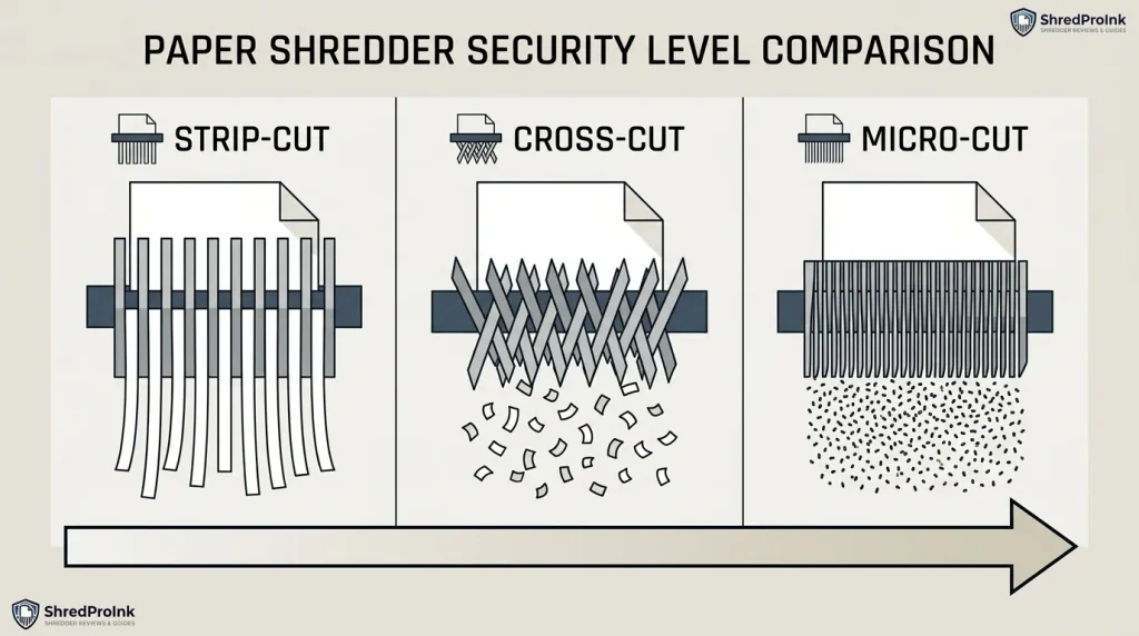 Cross-cut shredder particle size compared with strip-cut and micro-cut