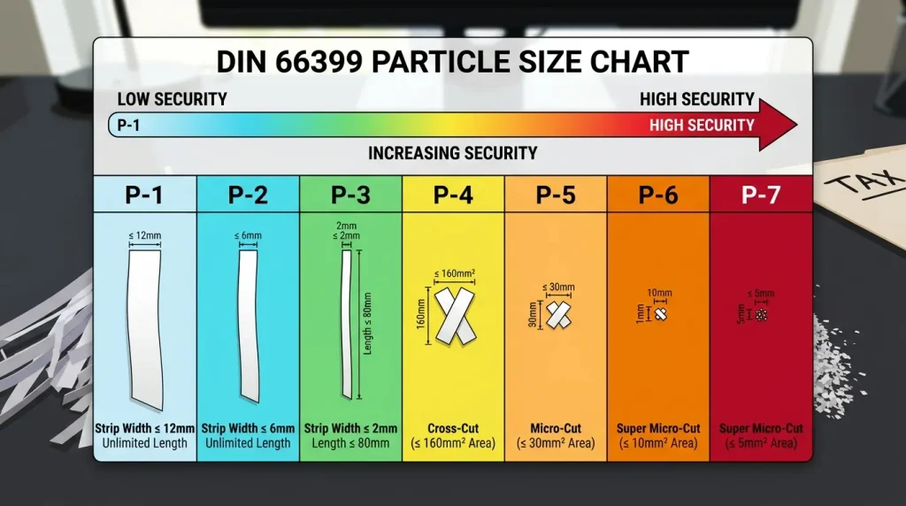 DIN 66399 P-level paper shredder particle sizes