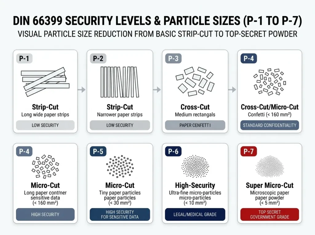 DIN 66399 P-1 to P-7 paper shredder security levels and particle sizes