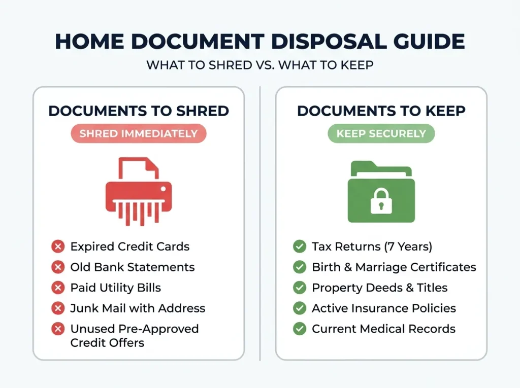 Documents to shred versus documents to keep at home