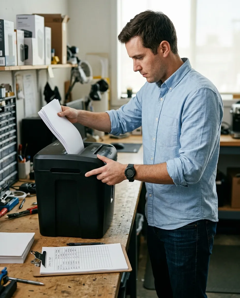 Product researcher testing maximum sheet capacity feeding multiple paper sheets into a heavy-duty paper shredder.