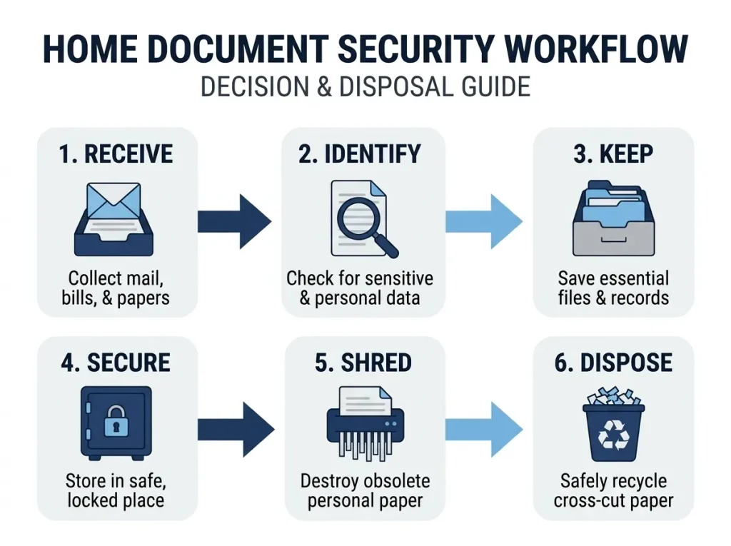 Home document security workflow from receiving paper to secure disposal