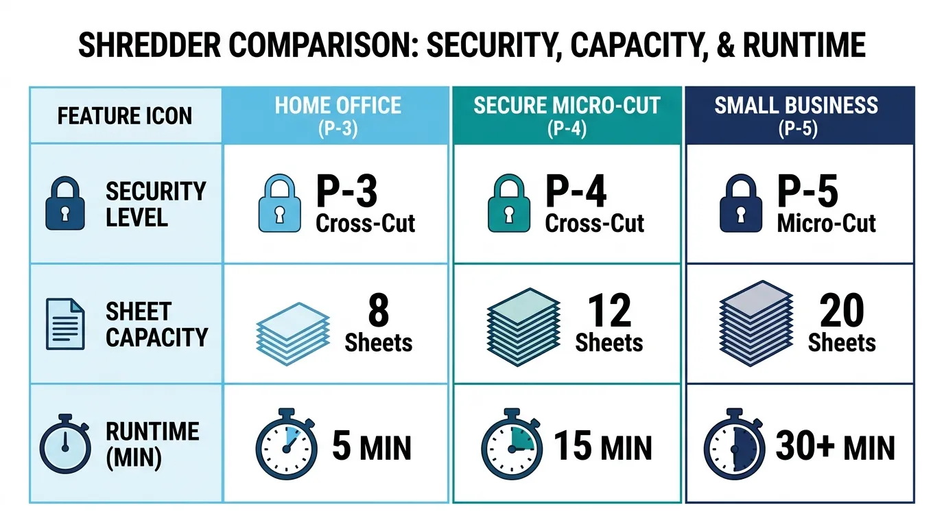 Paper shredder comparison by security, capacity, and runtime