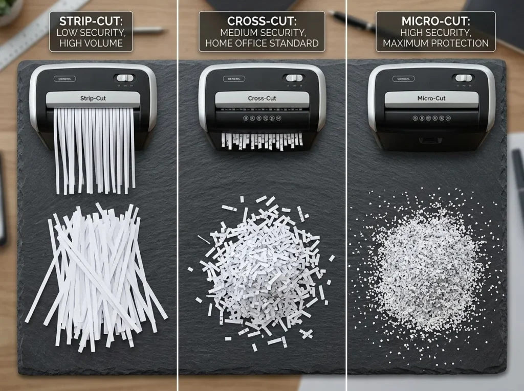 Paper shredder buying guide showing strip-cut, cross-cut, and micro-cut
