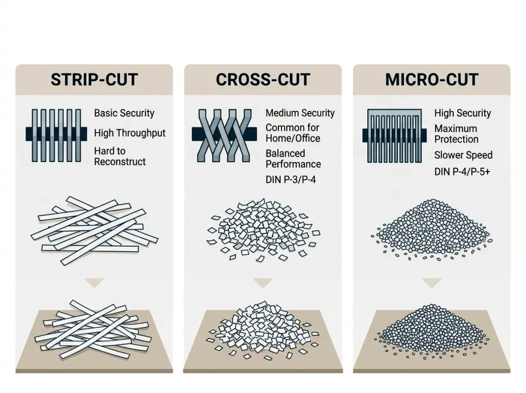 Paper shredder buying guide showing strip-cut, cross-cut, and micro-cut