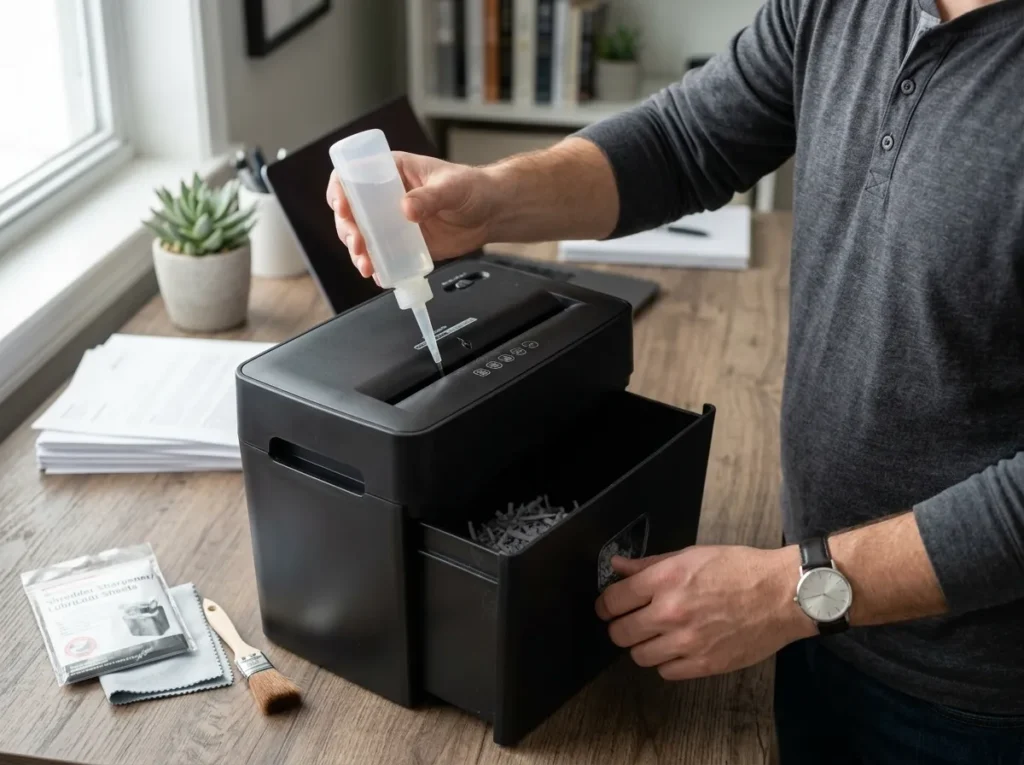 Paper shredder maintenance setup with oil, bin, and cleaning tools