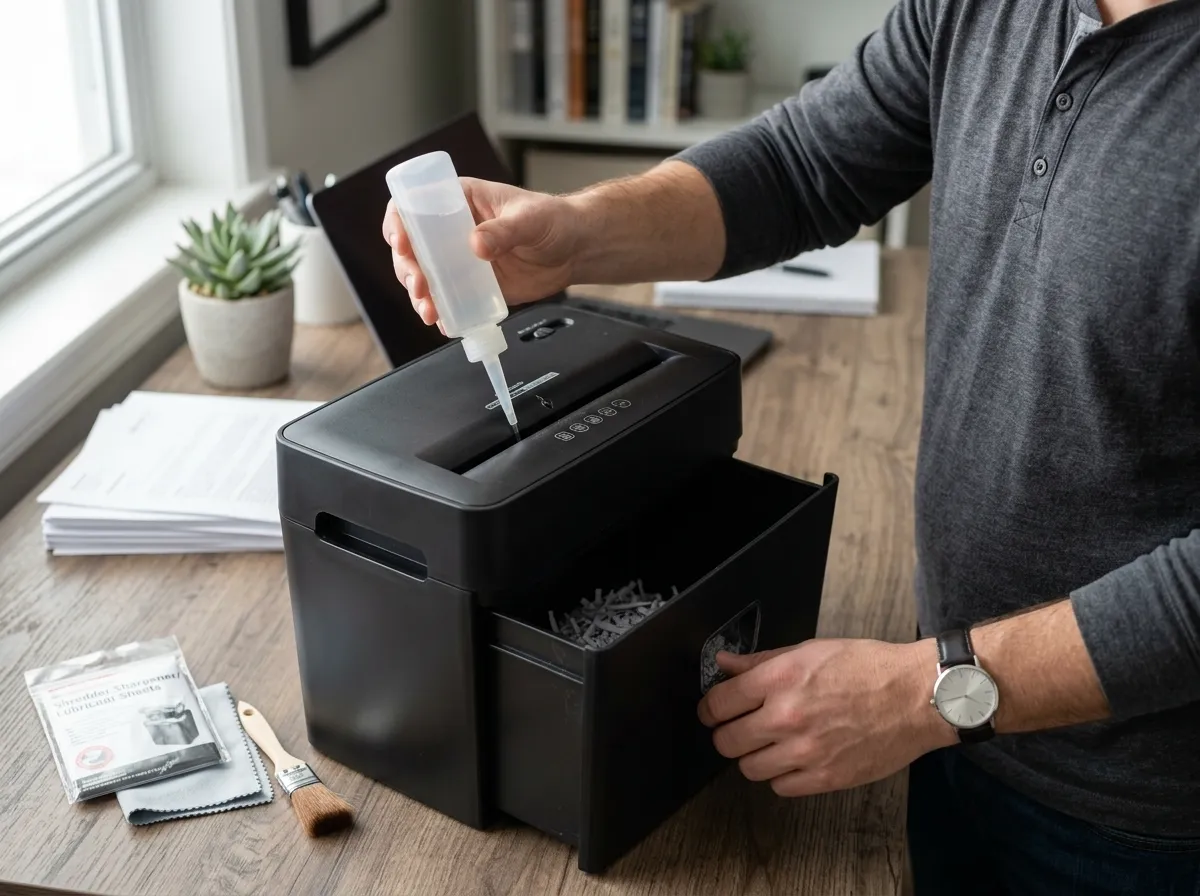 Paper shredder maintenance setup with oil, bin, and cleaning tools