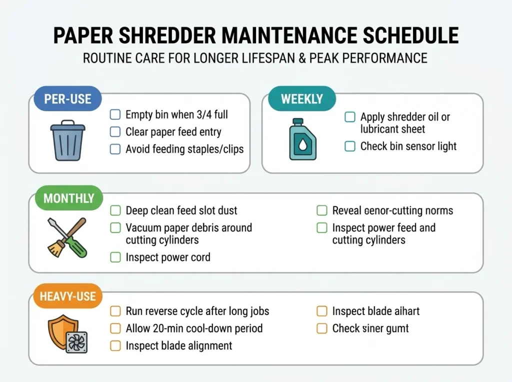 Paper shredder maintenance schedule for cleaning, oiling, and inspection