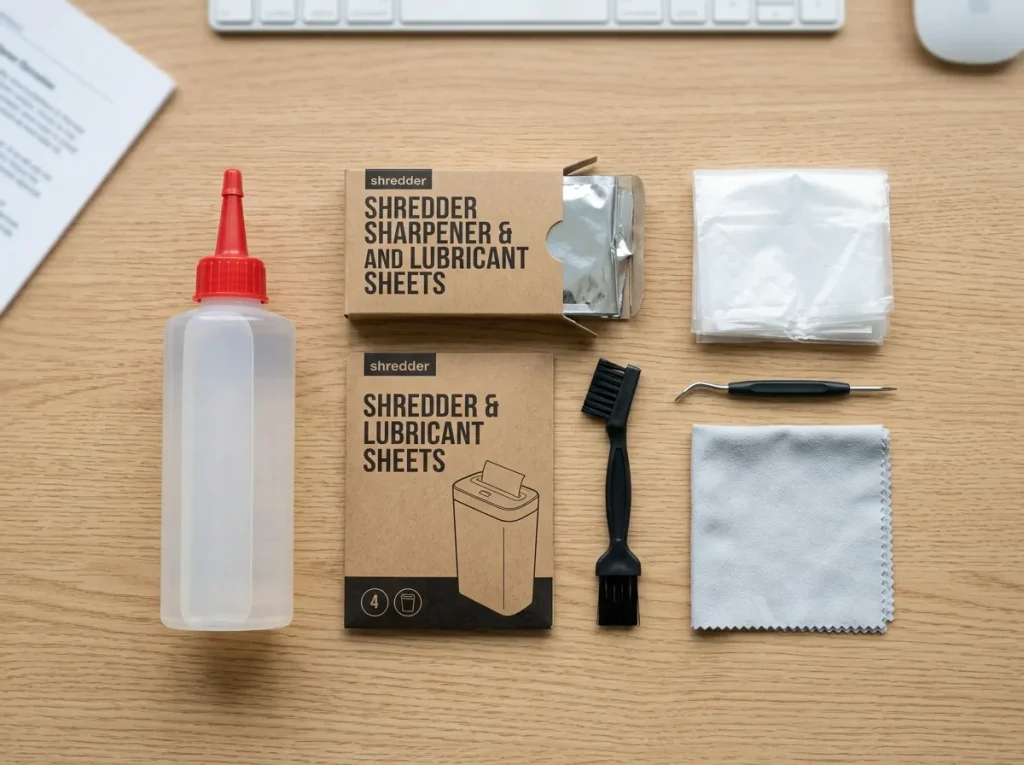 Paper shredder maintenance supplies including oil and lubricant sheets