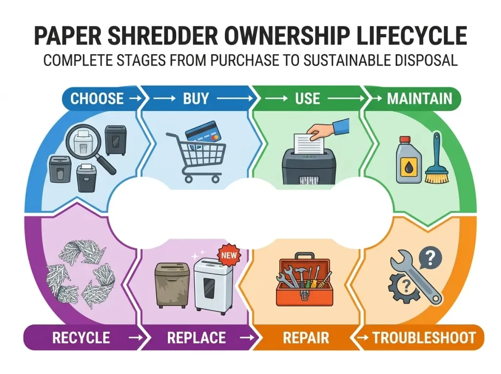 Paper shredder ownership lifecycle from purchase to replacement and recycling