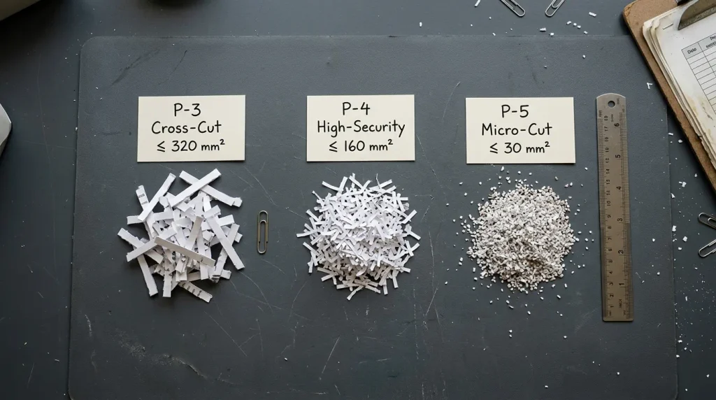 Paper shredder P-level particle size comparison for document security