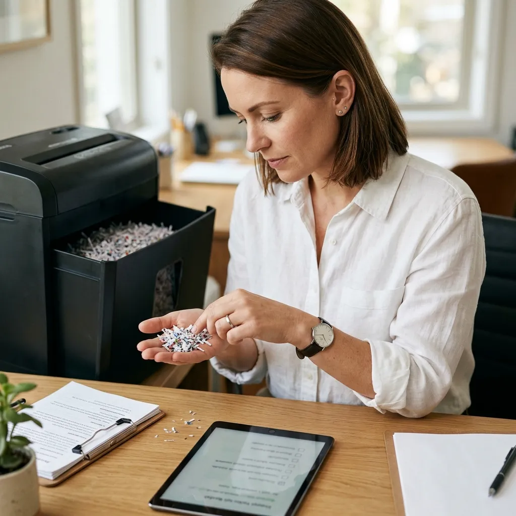 Office worker evaluating cross-cut shredded paper particles at a desk next to a paper shredder.
