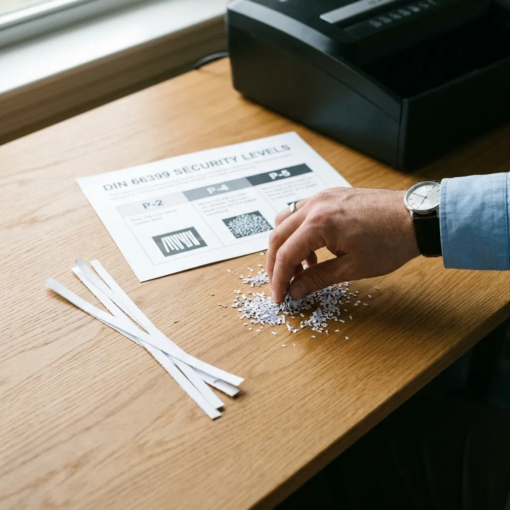 A person comparing strip-cut and micro-cut paper shreds alongside a DIN 66399 shredder security chart.