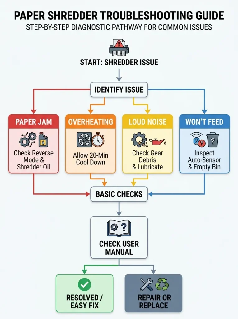 Paper shredder troubleshooting decision tree for jams and overheating