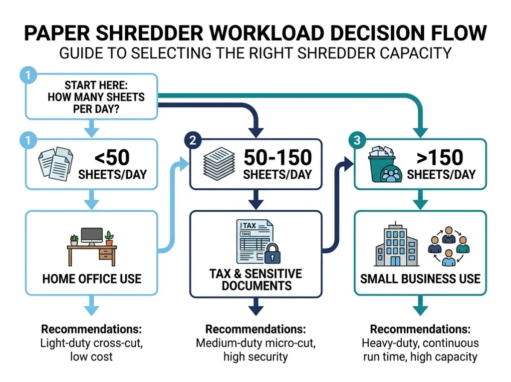 Paper shredder decision flow for home office, tax, and business use