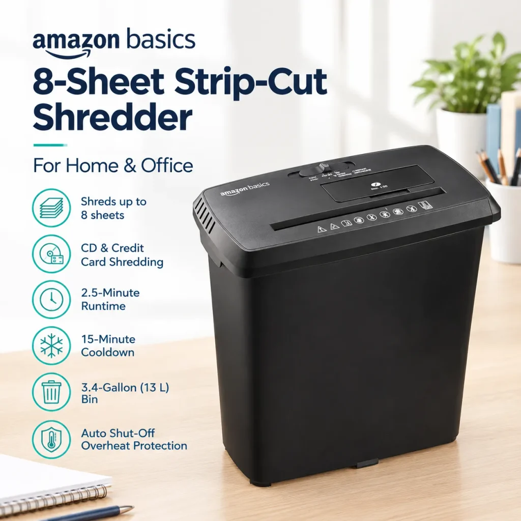 Amazon Basics 8-Sheet Strip Cut Paper Shredder for Home and Office, CD/Credit Card Shredder, 3.4 Gallon Bin