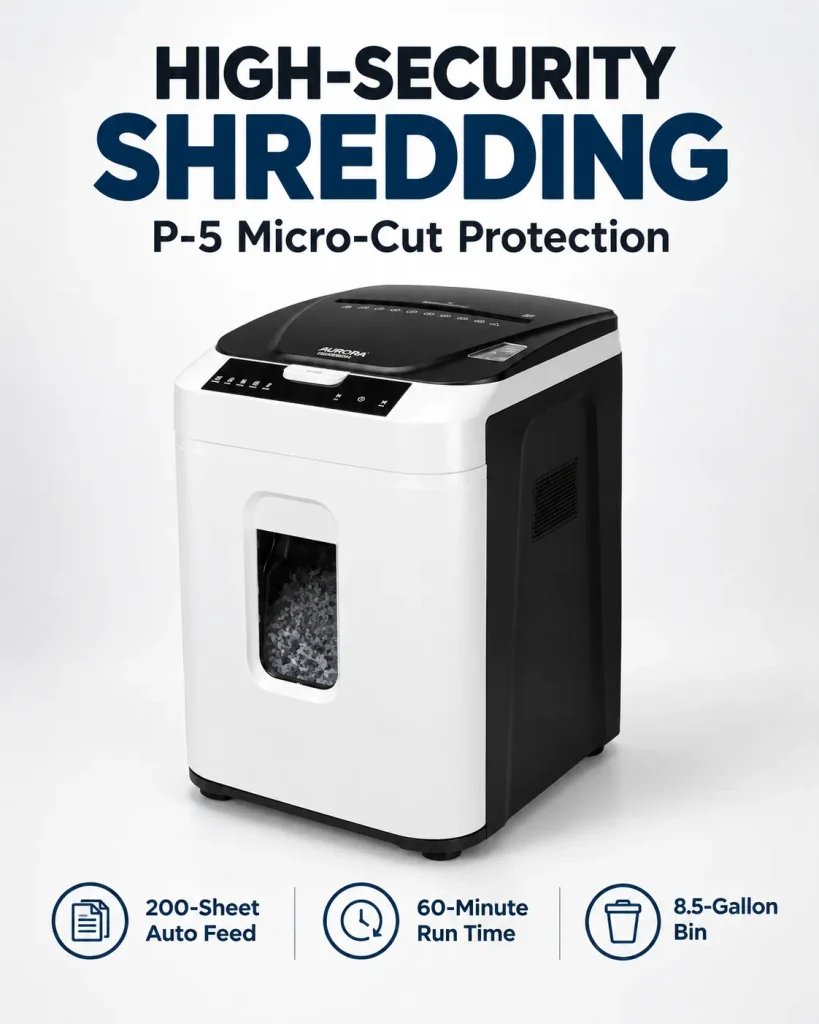 Aurora Commercial Grade 200-Sheet micro-cut P-5 paper shredder for high security shredding