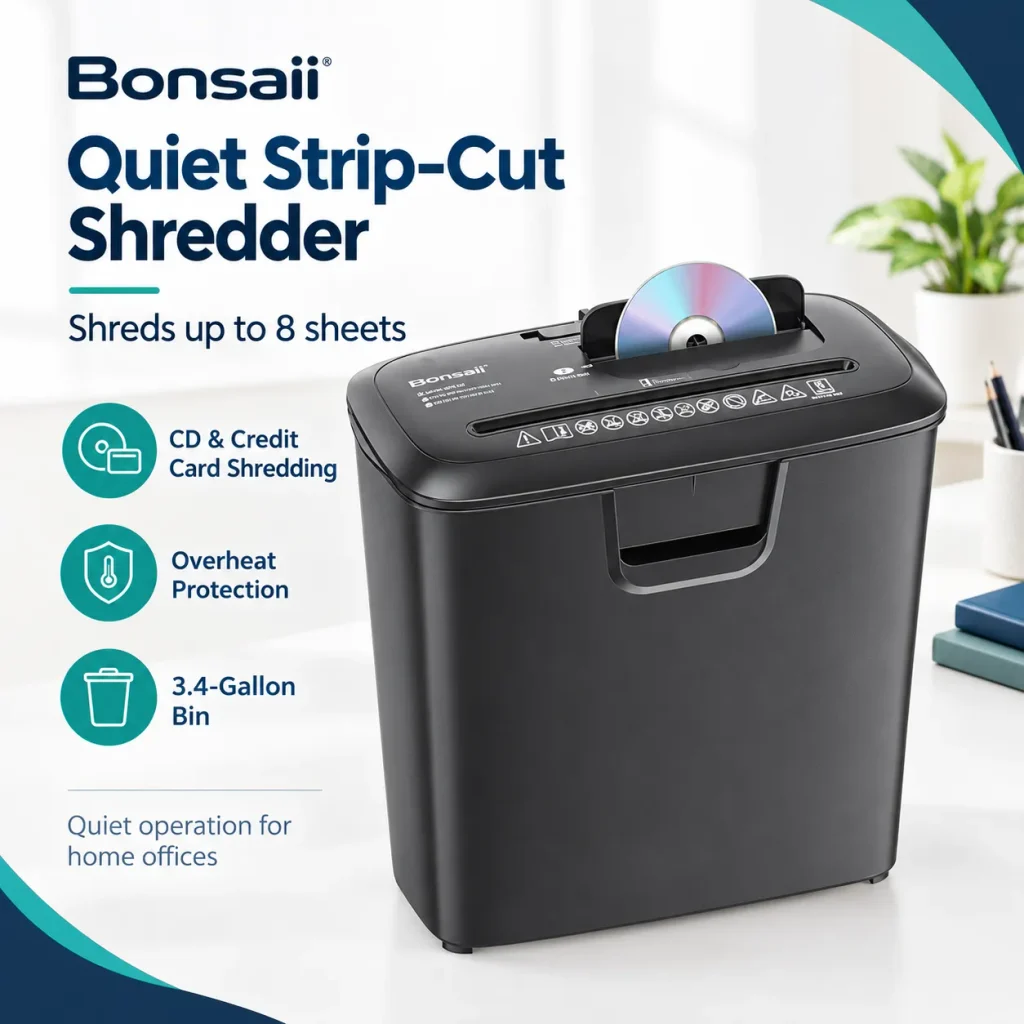 Bonsaii Paper Shredder for Home Use, 8-Sheet Strip Cut Home Office Shredder, CD/Credit Card Shredder Machine , 3.4 Gallons Wastebasket (S120-C)