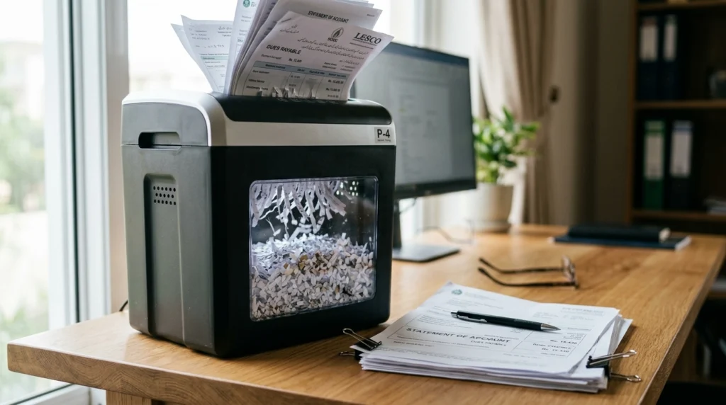 Cross-cut paper shredder beside paperwork in a home office