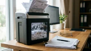 Cross-cut paper shredder beside paperwork in a home office