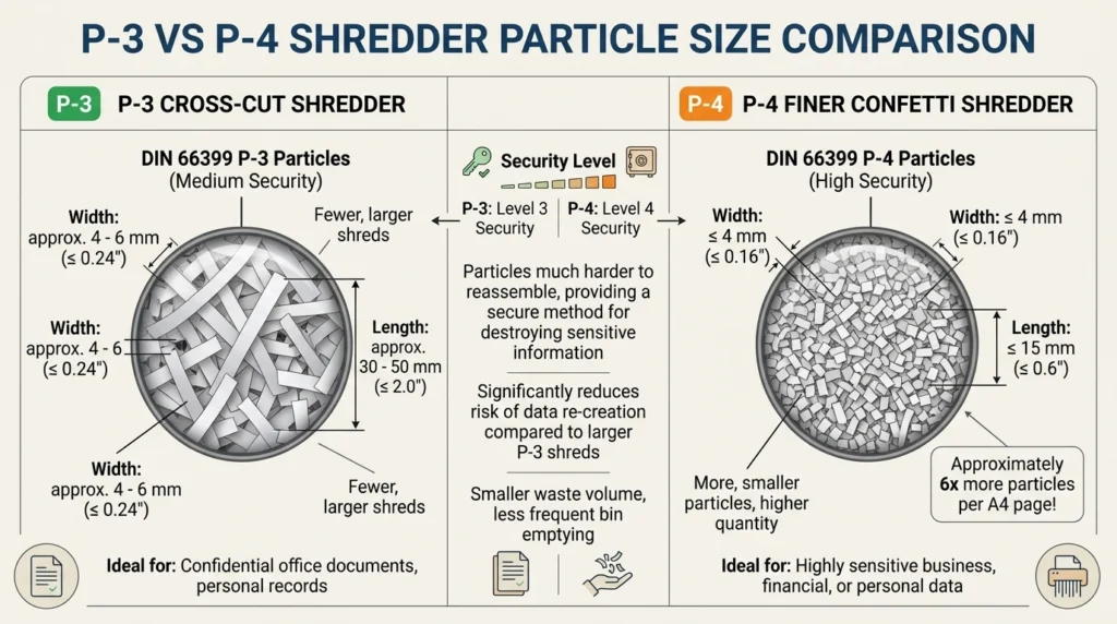 Illustration comparing P-3 and P-4 paper shredder particle sizes