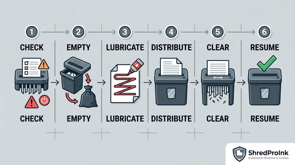 Six-step paper shredder oiling and maintenance routine