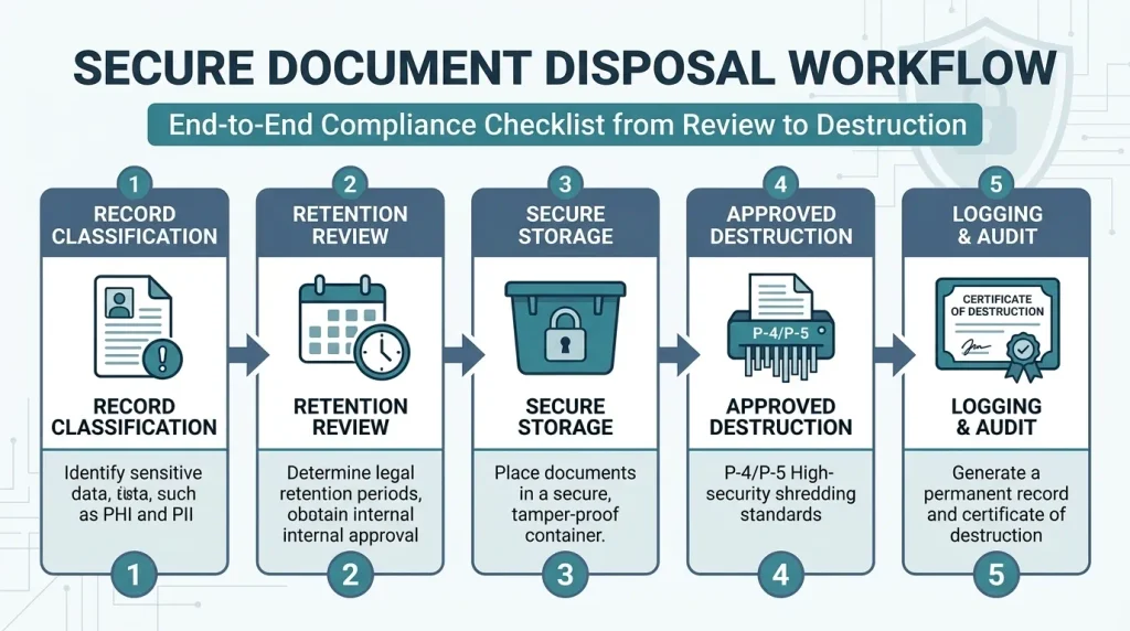 Secure document disposal workflow from retention approval to destruction