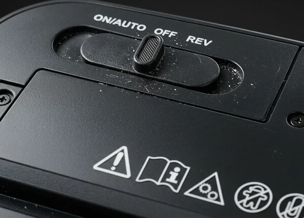 Paper shredder control switch with Auto, Off, and Reverse settings. Controls vary by model.