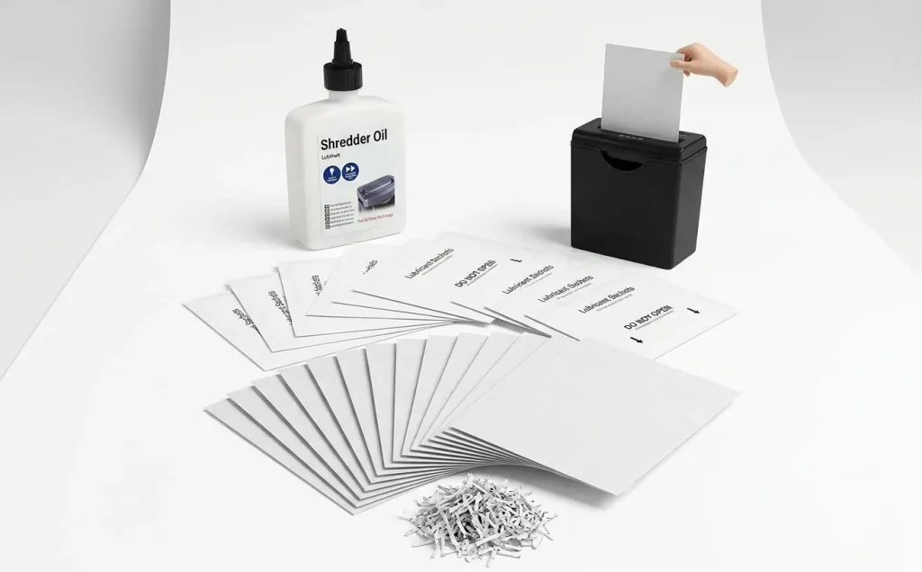Paper shredder oil bottle and lubricant sheets for compatible shredder maintenance.