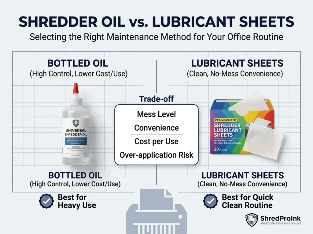 Shredder oil vs lubricant sheets for paper shredder maintenance