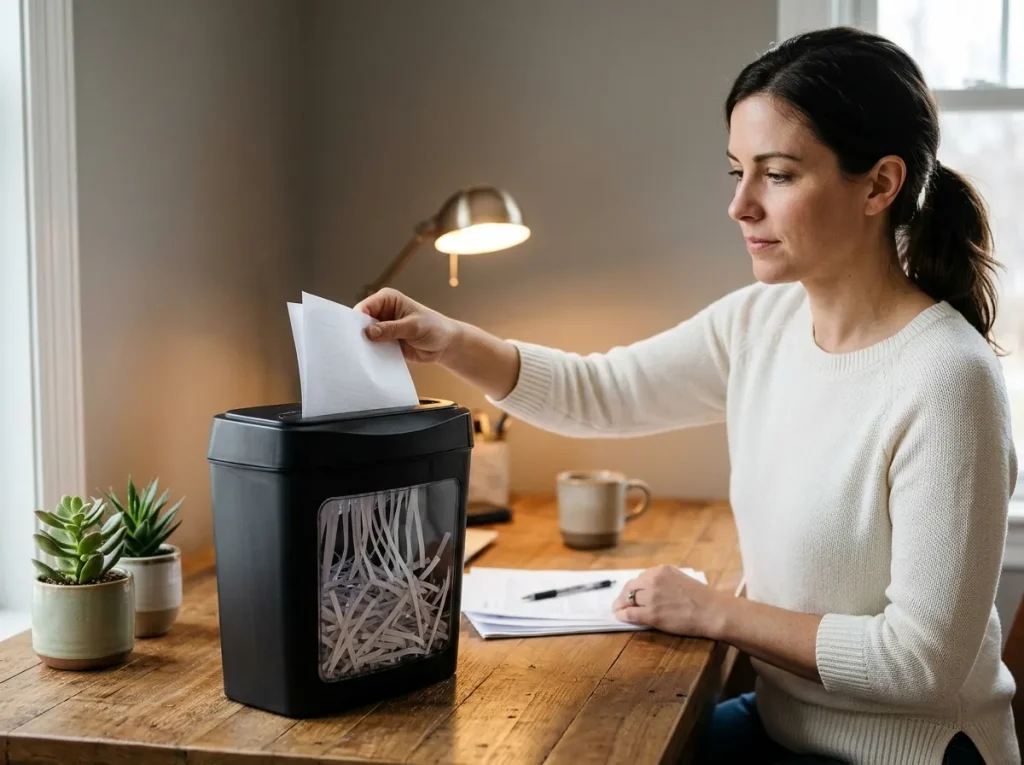 Strip-cut paper shredder handling non-confidential paper in a home office