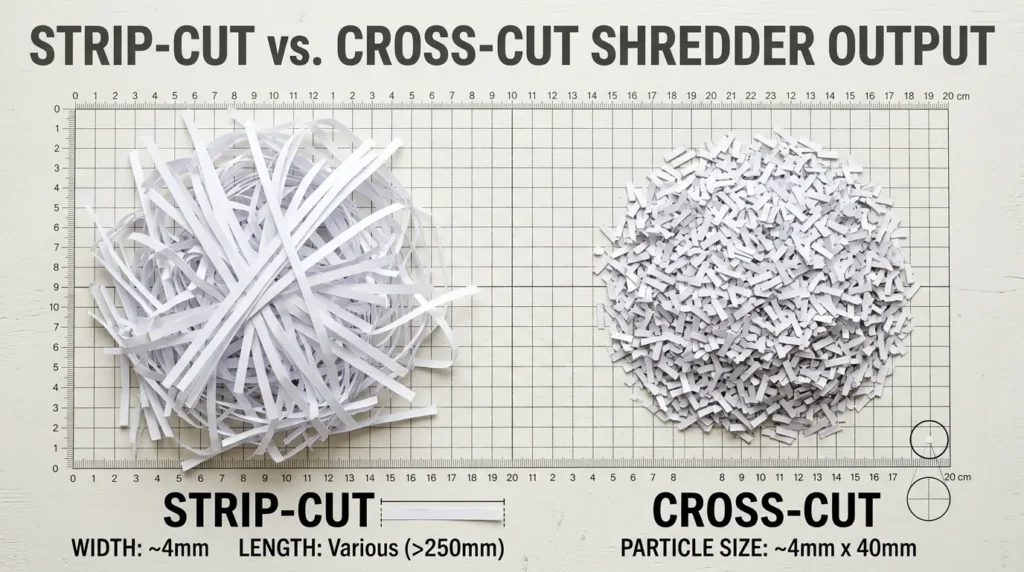 Strip-cut shredder output compared with smaller cross-cut paper particles